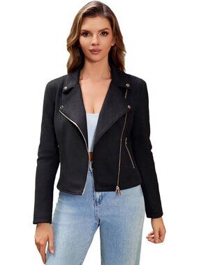 Women Matte Black Leather Cropped Zipper Belted Asymmetric Slim MotorBike Jacket